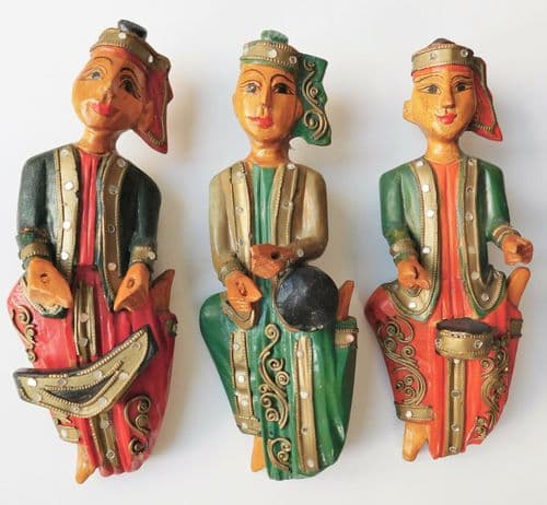 3 wooden musician figures wall hanging ornaments vintage Thailand Tibet Burmese